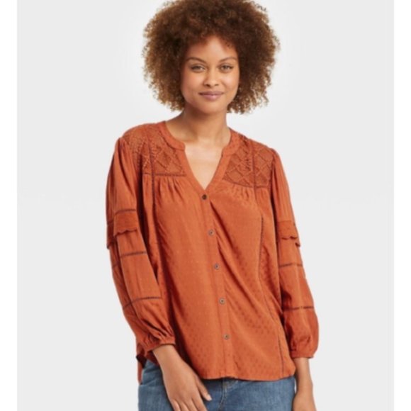 Knox Rose Tops - Knox Rose Women's Size Medium Cave Orange Eyelet LS Low V-Neck Blouse Shirt Top